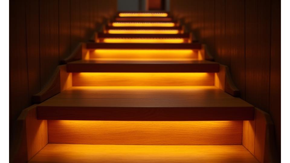 Underneath view of a wooden floating staircase with subtle integrated LED strip lighting on the steps
